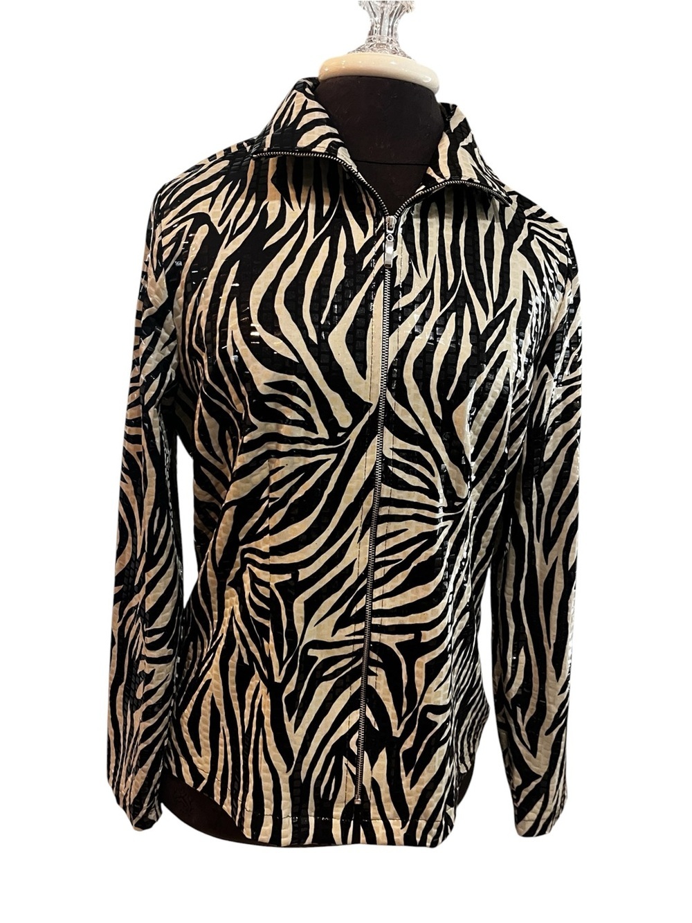 Misook Zebra Animal Print Sequin Look Wet Look Zip Jacket XS Runs Big